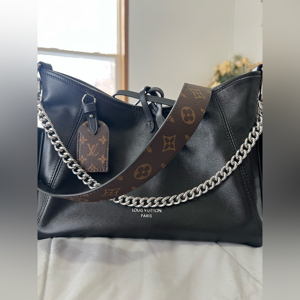 Black Leather Shoulder Bag with Monogram Strap